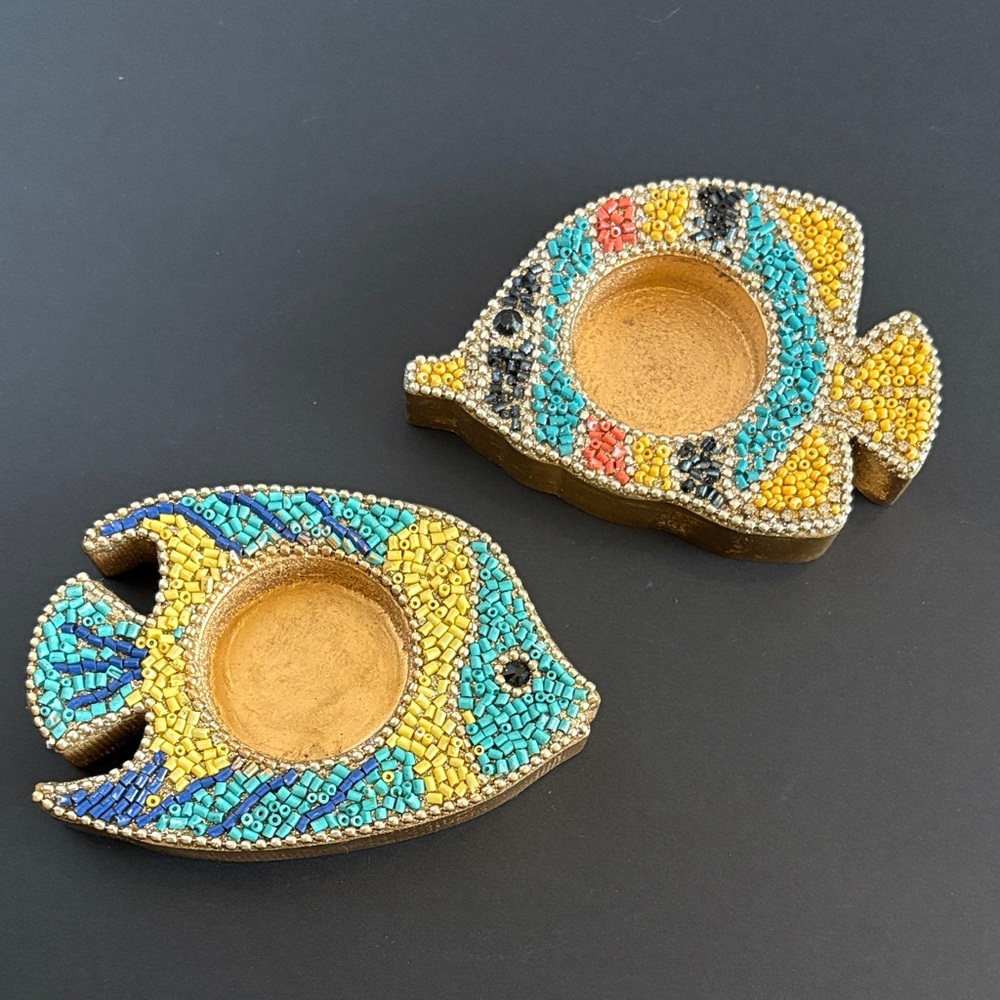 Pier 1 Mosaic Fish Tea Light Candle Holders Beaded Golden
